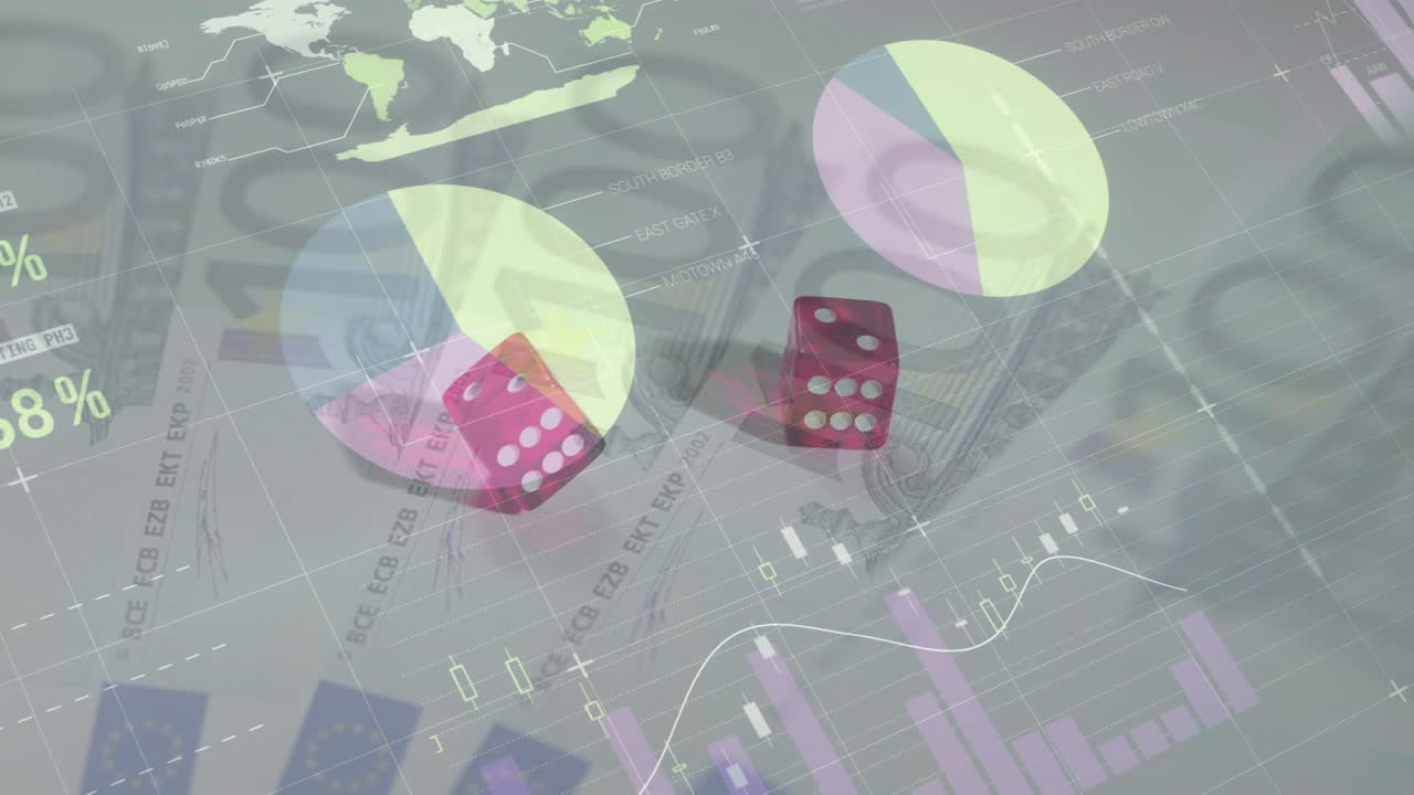 animación del procesamiento de datos financieros sobre dos dados y billetes en euros en segundo plano