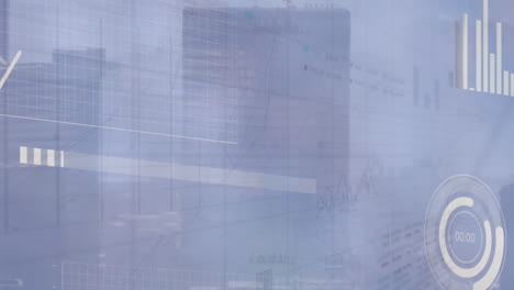 animación del procesamiento de datos estadísticos y bursátiles frente a una vista aérea del paisaje urbano