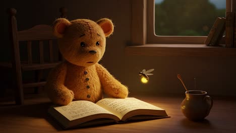a soft, curious teddy bear sits in a cozy room, intently reading an open book while a glowing firefly dances nearby, creating a magical atmosphere of wonder and imagination