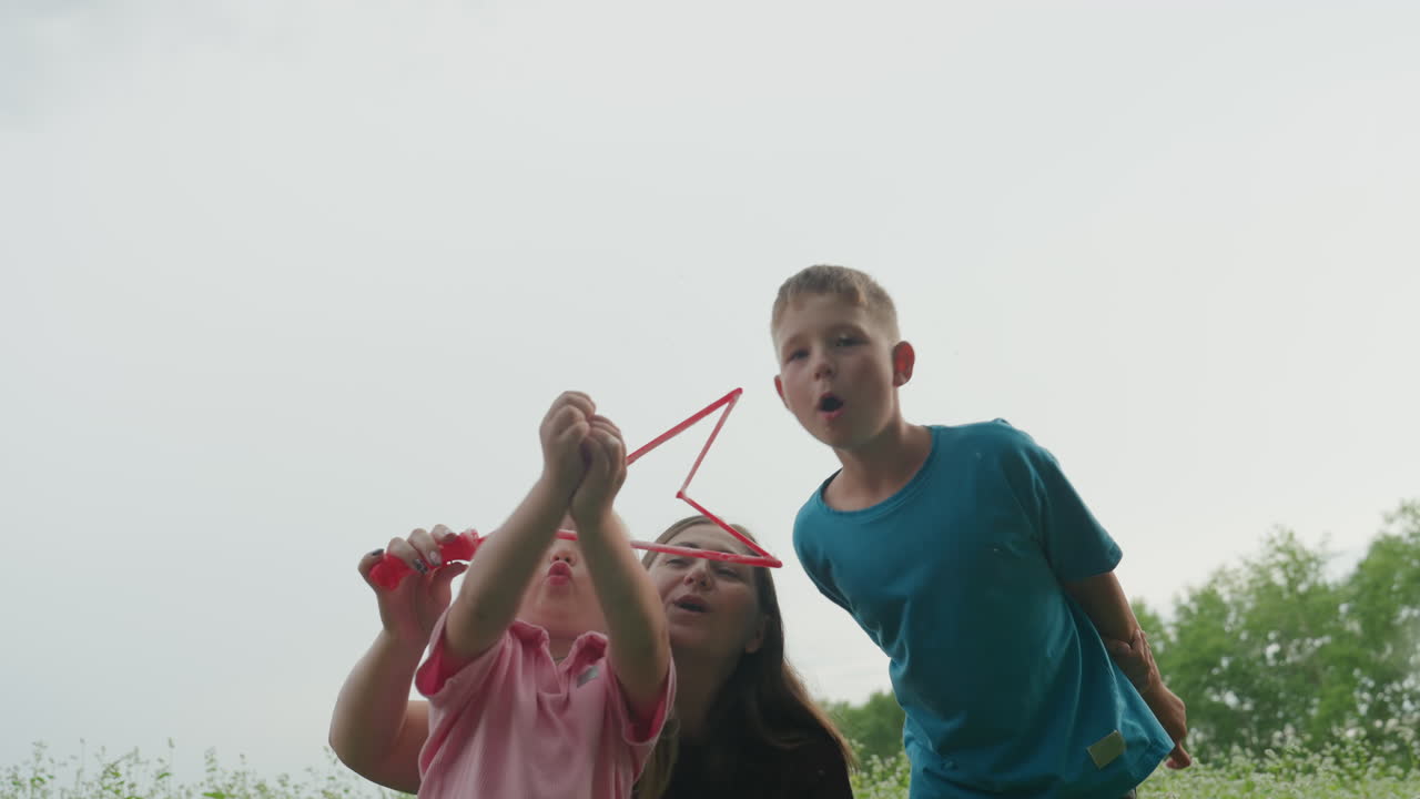 Madre caucásica con sus hijos haciendo pompas de jabón gigantes; alegre celebración y besos juguetones mientras los hermanos comparten risas; amplio prado de flores silvestres de fondo; escena veraniega de color verde brillante; afecto espontáneo