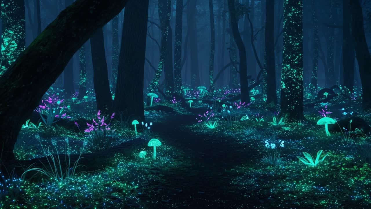 Exploring the Enchanted Glow: A Mystical Forest Path Illuminated by Bioluminescent Flora and Ethereal Light in a Dreamlike Nightscape