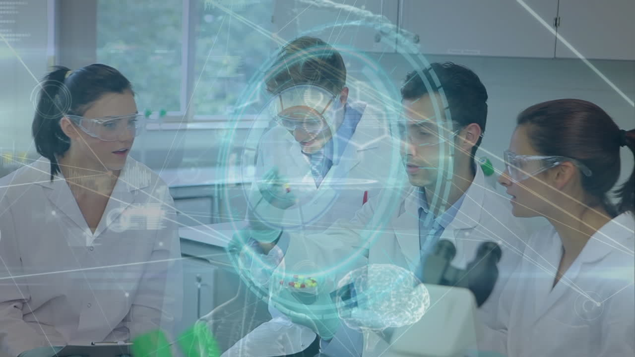 animación del alcance, las conexiones y el procesamiento de datos en diversos científicos en el laboratorio