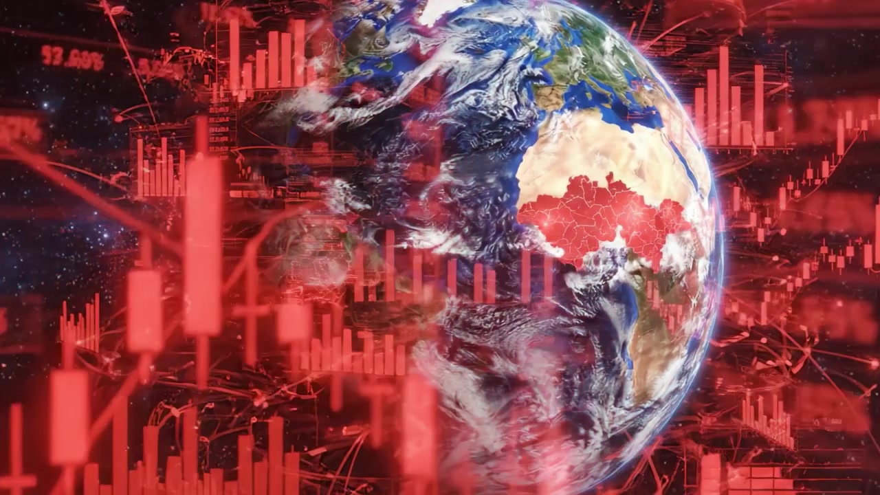 Eine dynamische Visualisierung der Erde, umgeben von komplexen Datenrepräsentationen, die globale Veränderungen und Vernetzung vor einem lebendigen kosmischen Hintergrund darstellt.