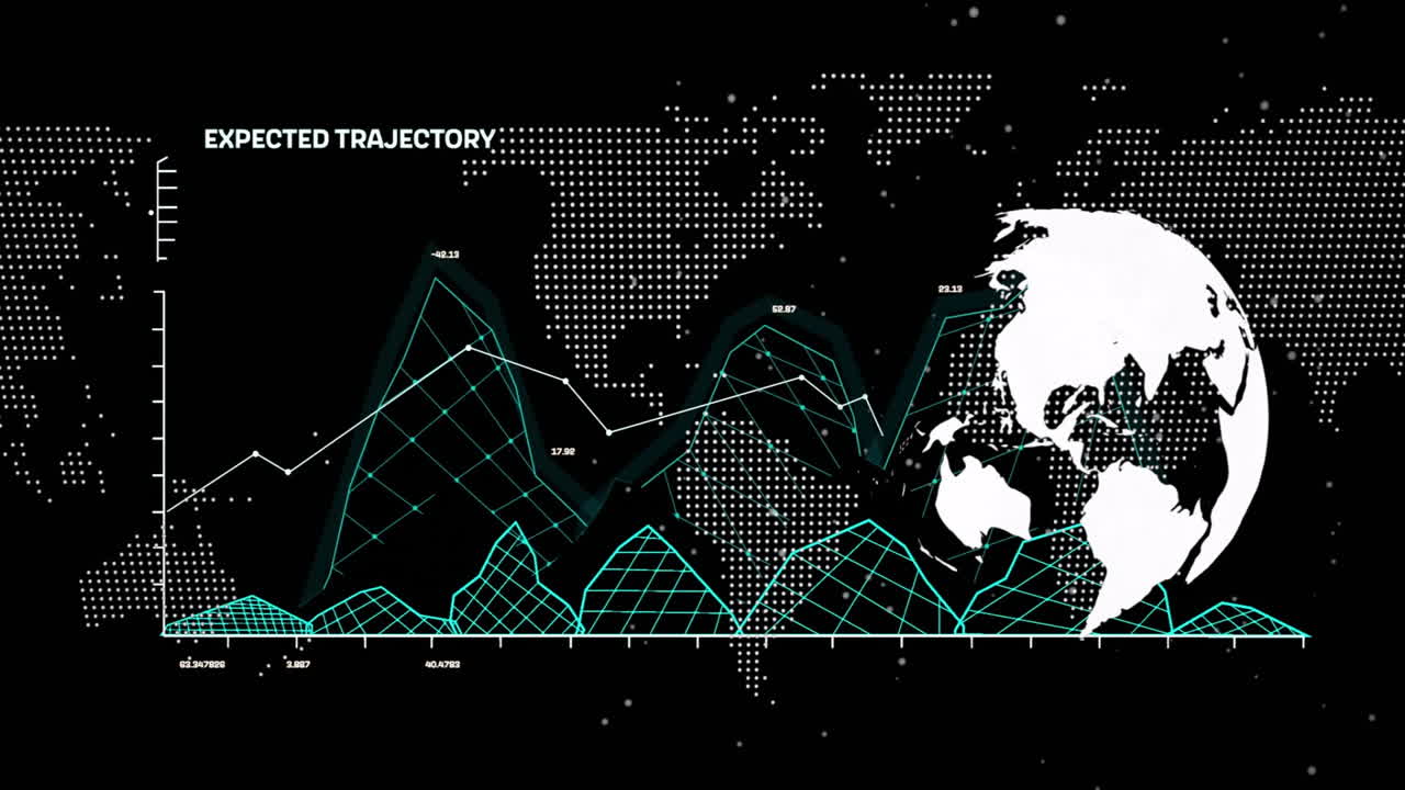 Animation of globe and world map with data processing and diagram over black background