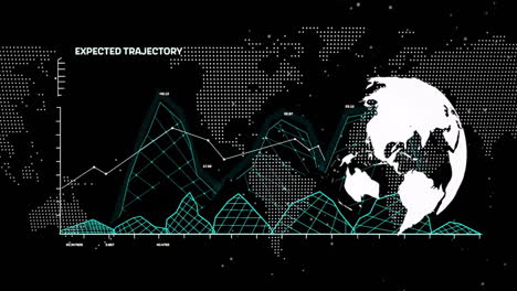 animation of globe and world map with data processing and diagram over black background