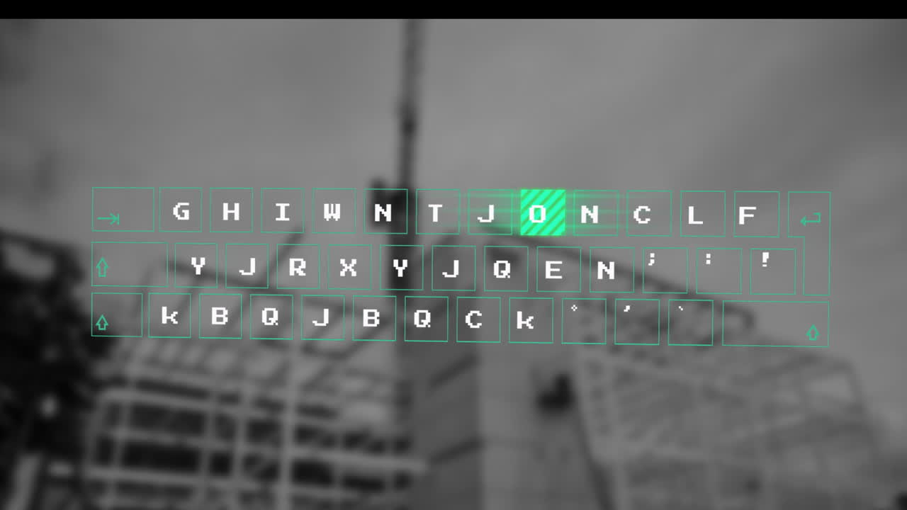 holographic on-screen keyboard neon-green floating over blurred skyline, showing striped J O N keys