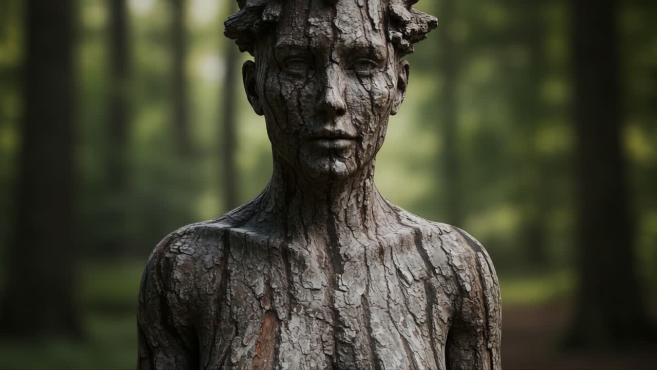 A striking artistic representation of a tree-like figure, beautifully blending human and nature elements, evoking themes of growth, transformation, and the essence of life in a serene forest setting