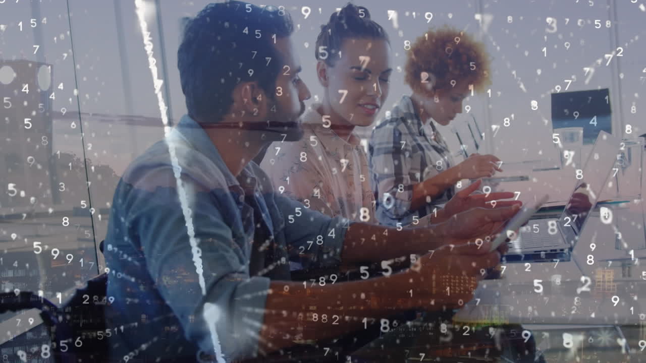 Animation of data processing over disabled and diverse business people in office