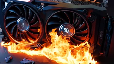 a close up of a video card on fire