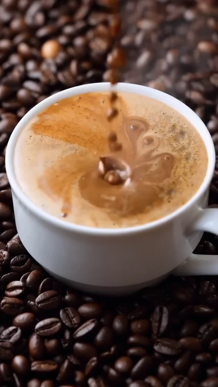 Nærbilledevideo af kaffe, der hældes i en kop, omgivet af kaffebønner, set fra oven.