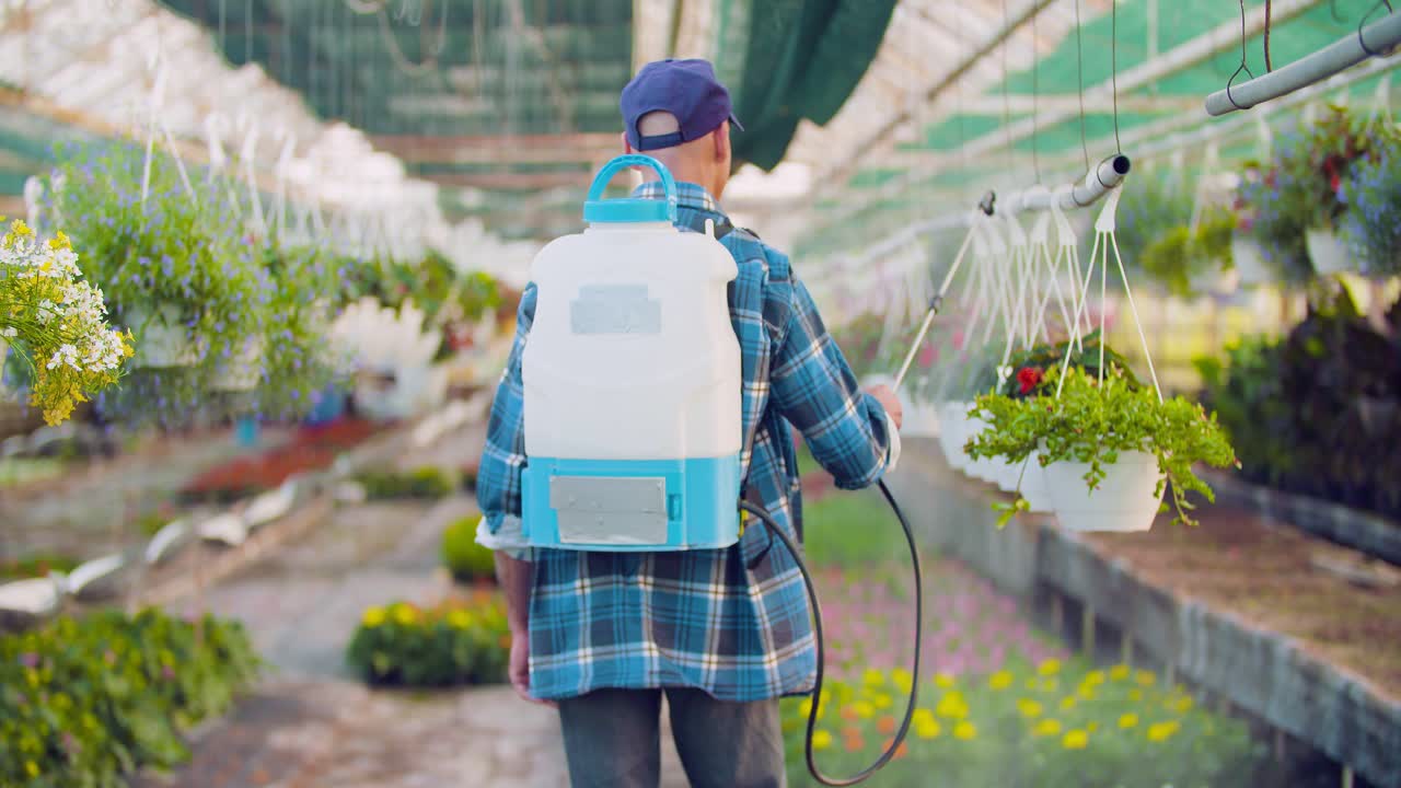 pesticida rociado en plantas con flores en el invernadero 3