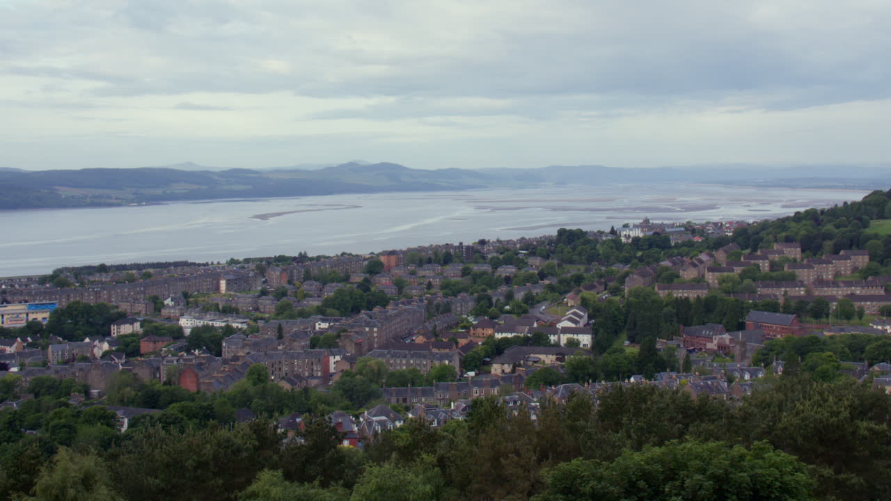 Zoom shot of the Firth of Tay looking west at law hill at Dundee