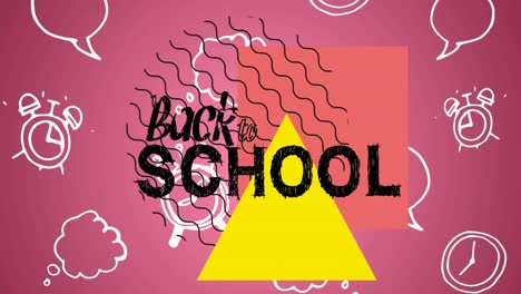 Animation-of-back-to-school-text-over-shapes-and-clock-icons-on-pink-background