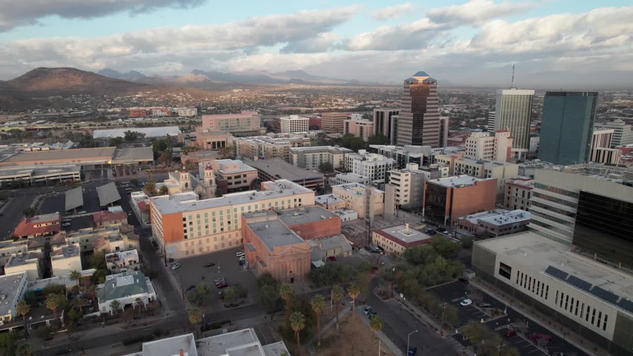 High aerial of downtown Tucson, Arizona skyline, 4K