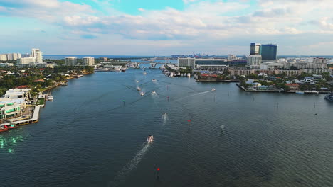 boats cruising at stranahan river in fort lauderdale, broward county, florida, usa. - aerial shot