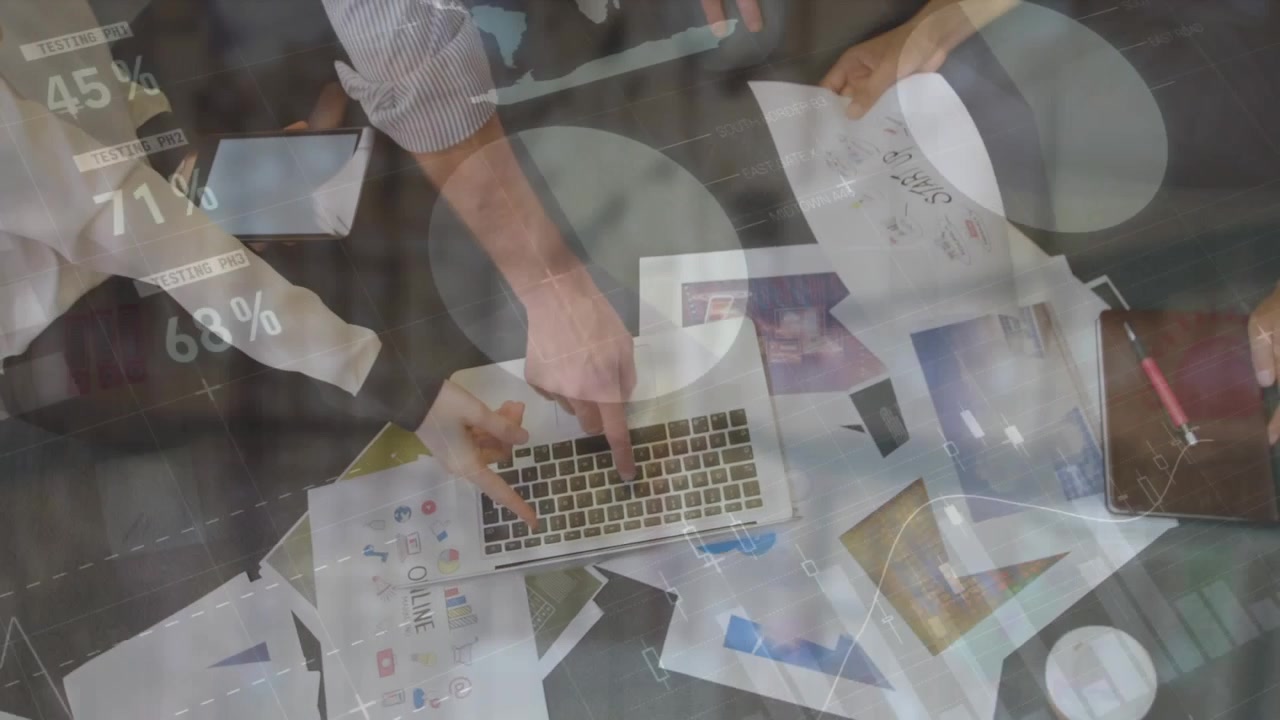 Animation of data processing over caucasian business people in office