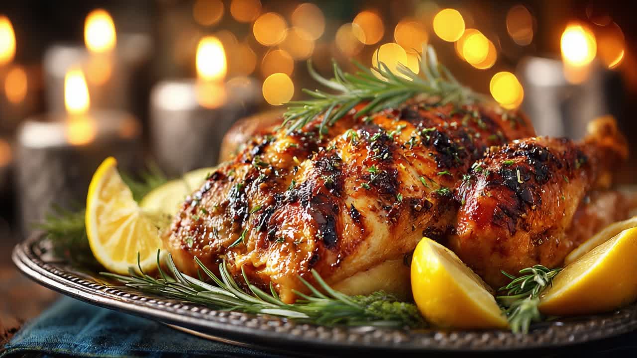 Deliciously Grilled Chicken with Herbs and Lemon on a Silver Platter Surrounded by Candles and Warm Ambiance Perfect for a Festive Meal