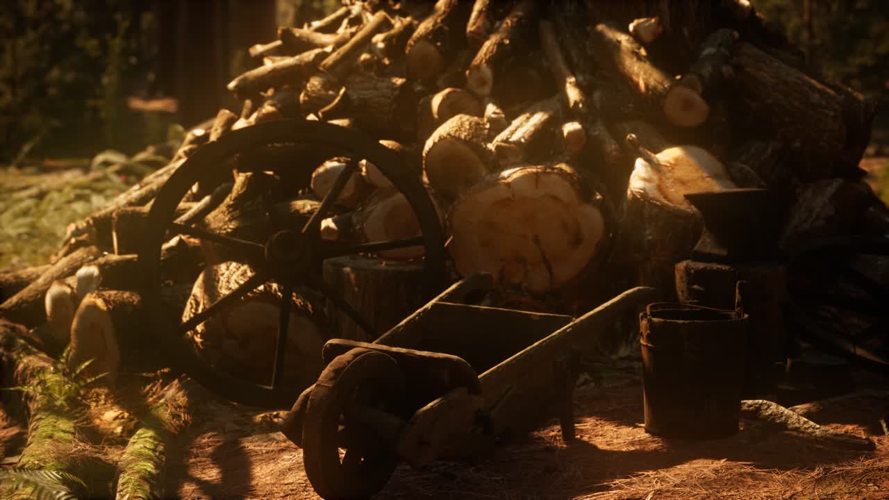 preparación de leña para el invierno en el bosque al atardecer