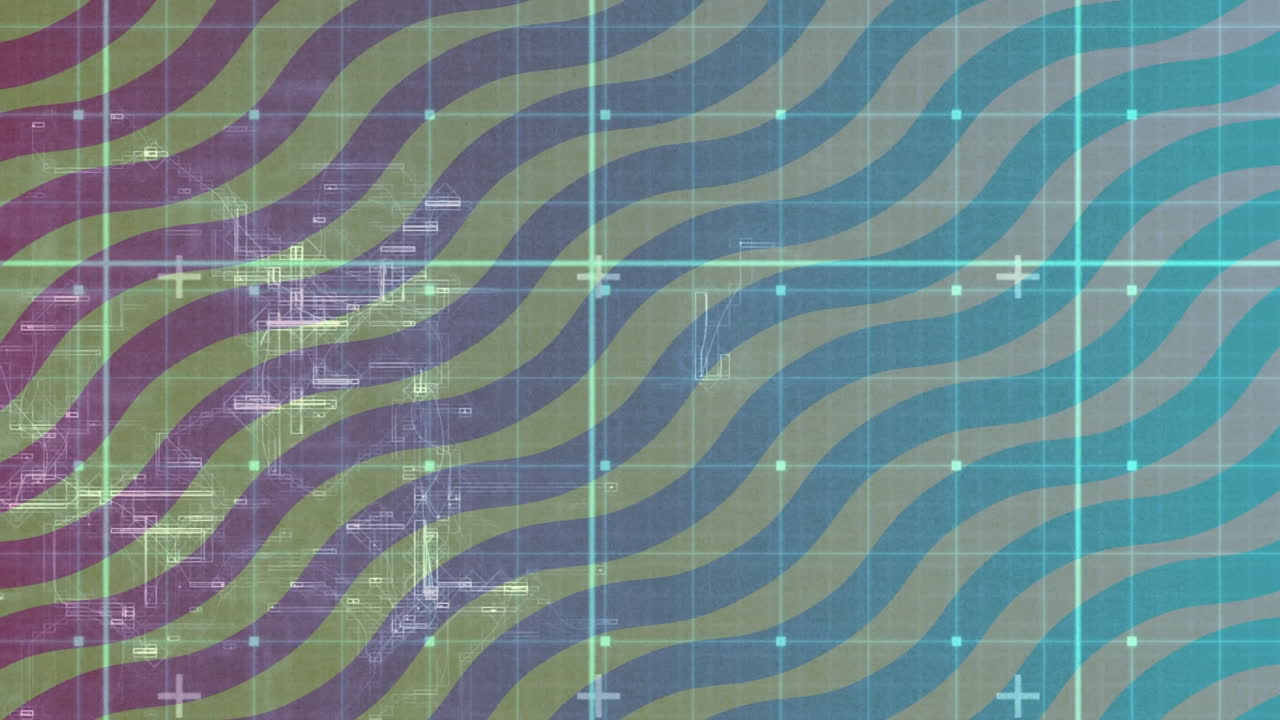 Animation with wavy lines, grid pattern, abstract digital elements, glowing dots