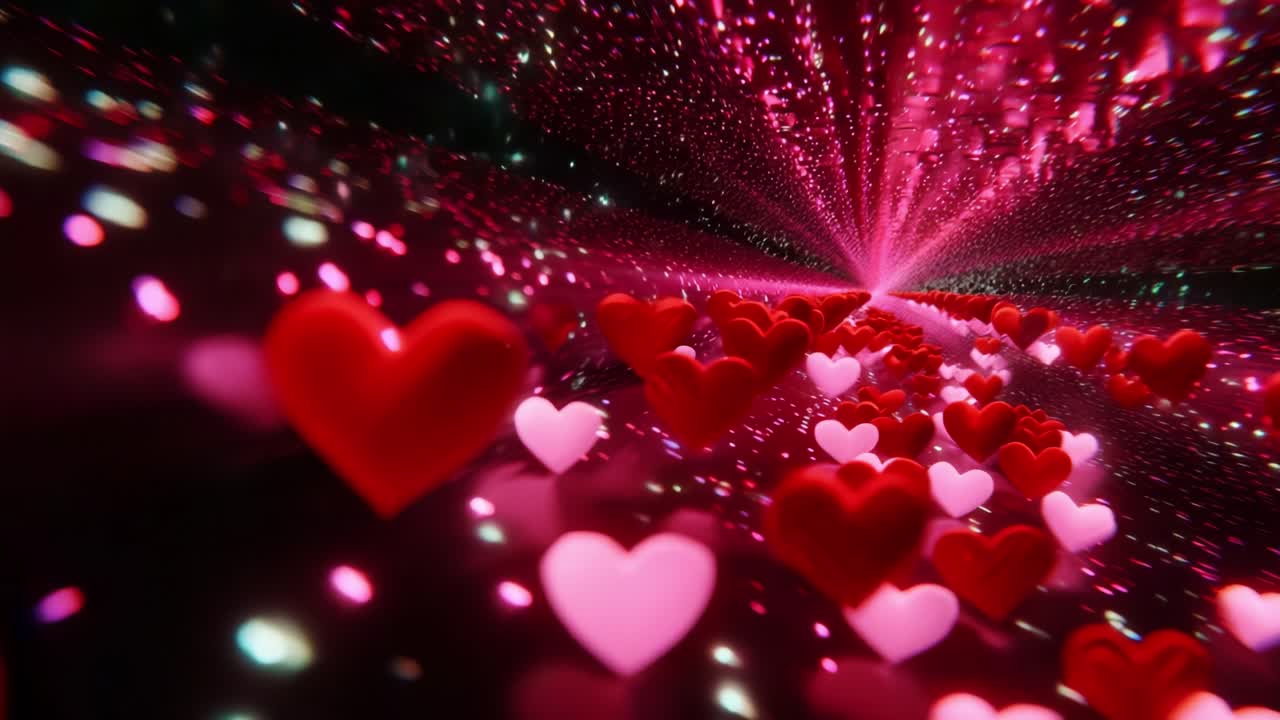 A mesmerizing journey through an enchanting tunnel filled with vibrant red and pink hearts, glimmering lights, and a sense of love and affection, creating a captivating atmosphere of warmth and joy