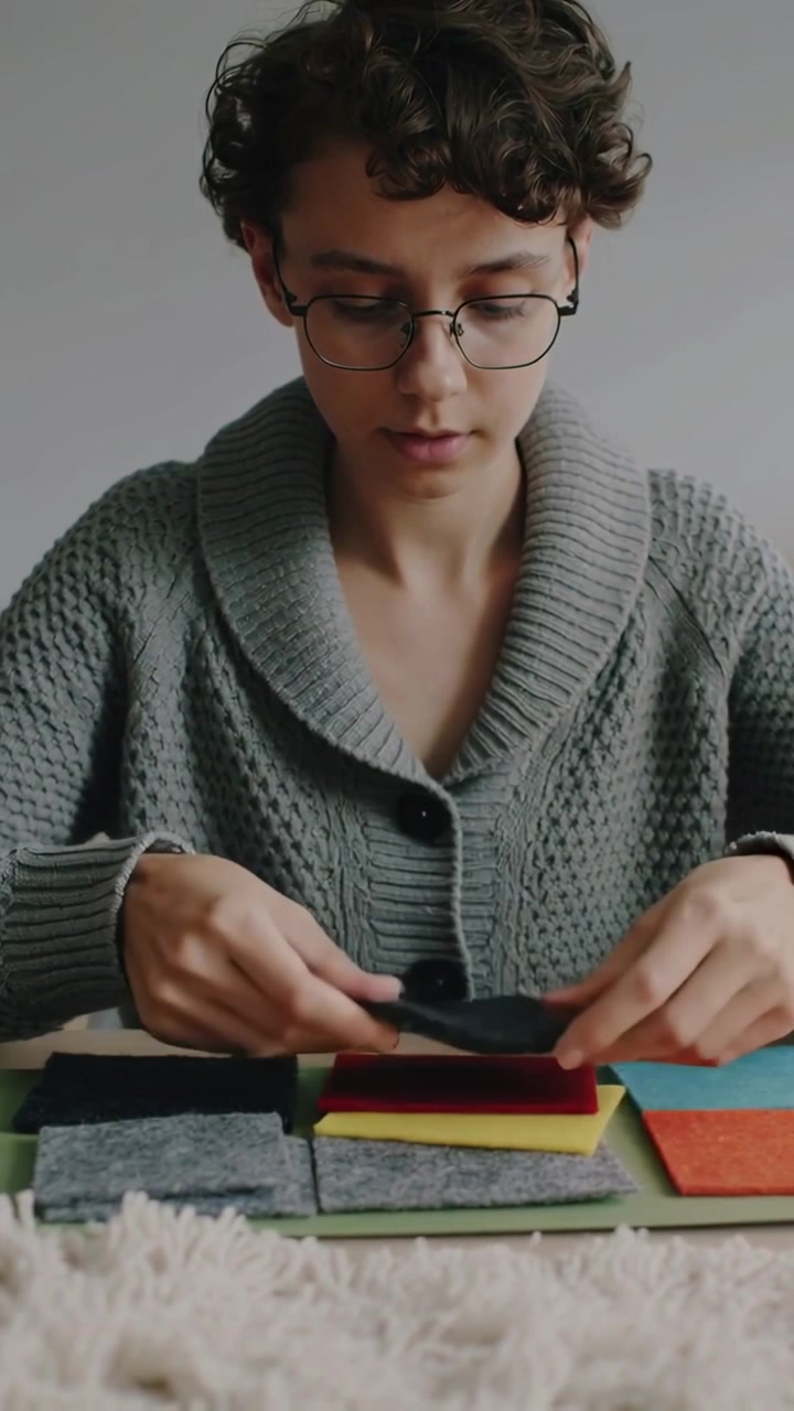 Video vertical: Adolescente con gafas y cárdigan estirándose para elegir una muestra de tela negra y verificar los colores en una mesa.