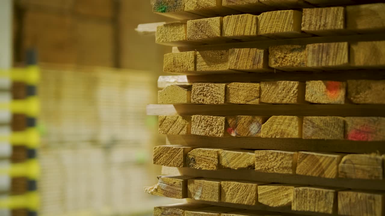 Primo piano di assi di legno impilate in un magazzino di legname.