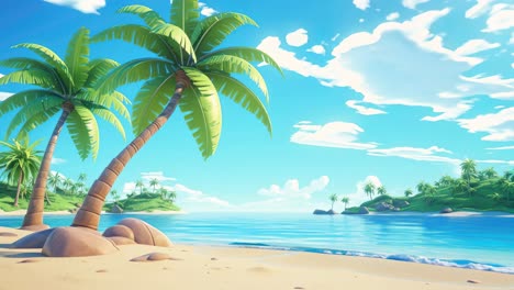 vibrant, animated tropical beach scene with palm trees and clear skies