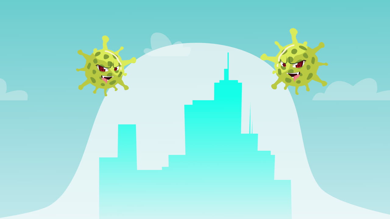 covid19 particles comic characters on the city animation