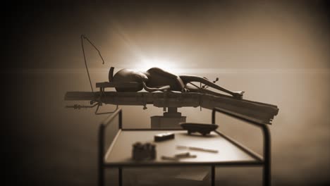 cgi scene of an alien autopsy in atmopheric smokey sepia environment, with a classic roswell style grey alien, lying on a medical cot in focus in the background, behind a tray of medical instruments