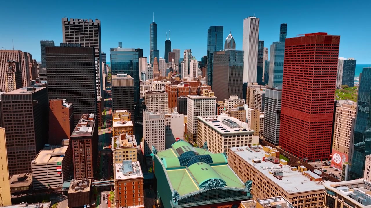 Modern urban panorama of metropolis. Aerial view. Sunny view of Chicago, Illinois, USA.
