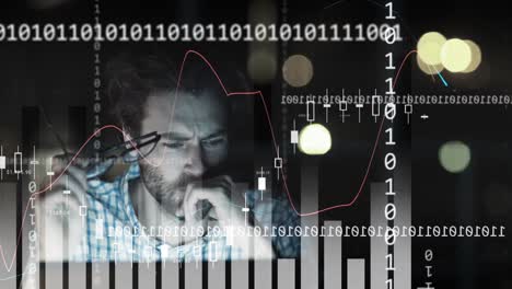 animación de un hombre de negocios caucásico usando computadora, codificación binaria y procesamiento de datos.