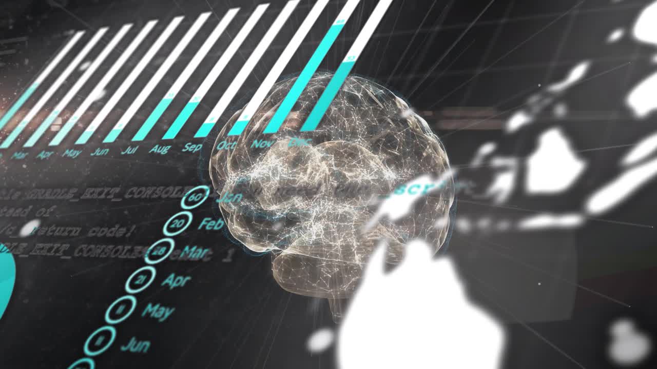 3D brain rotating shifting bars scrolling code spinning pie and emerging globe visualizing data
