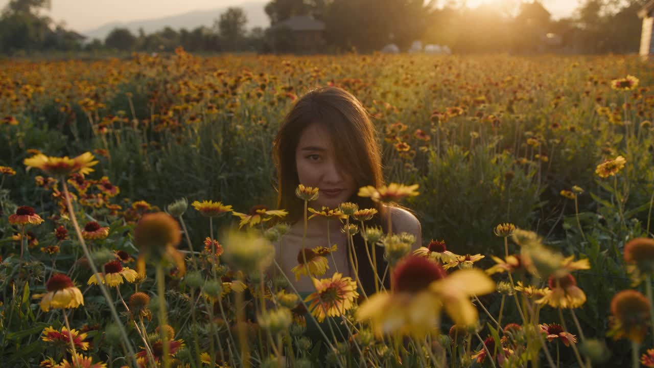 mujer en un campo de flores al atardecer
