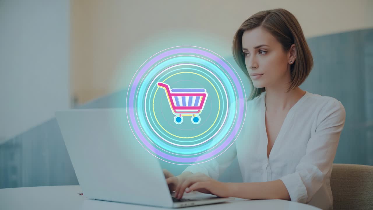 Typing following cart icon appearing, woman wearing shirt at office, rings pulsing for shopping