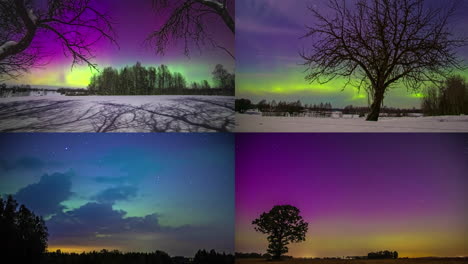 belleza de la aurora boreal en cuatro tomas diferentes, lapso de tiempo de fusión