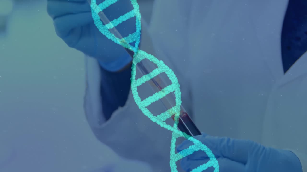 DNA animation over man carrying out experiments in vials.
