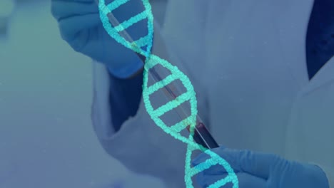 animazione del dna su un uomo che conduce esperimenti in fiale.