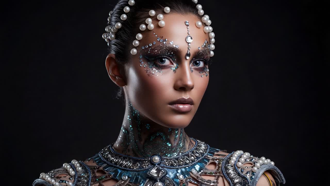 Captivating Portrait of a Model Adorned with Intricate Body Art, Pearls, and Elaborate Accessories in a Stunning Aesthetic Display