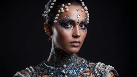 captivating portrait of a model adorned with intricate body art, pearls, and elaborate accessories in a stunning aesthetic display