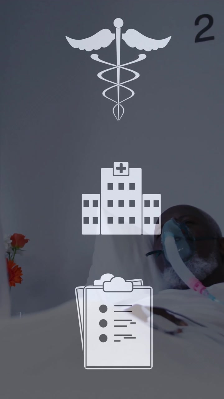 In hospital, medical animation overlaying healthcare professional attending patient in bed