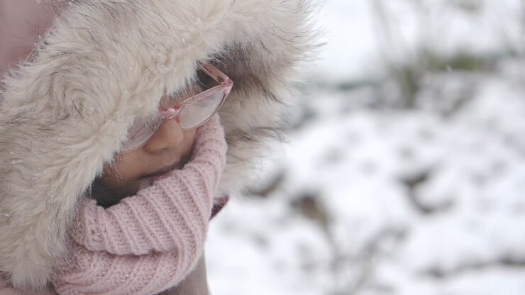Ragazza con abiti invernali nella neve