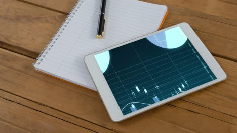 animation of a digital tablet showing graphs and statistics on the screen