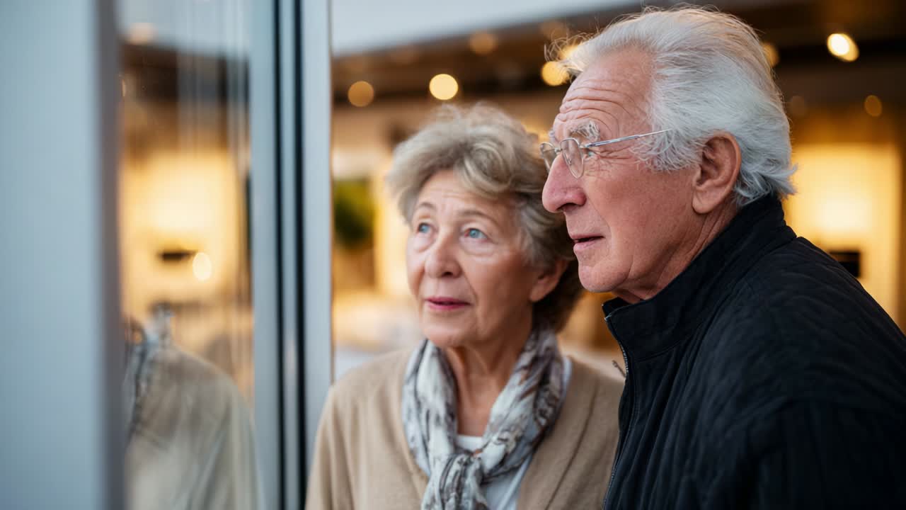 A Senior Couple Engages in a Moment of Reflection Together, Capturing Their Expressions of Curiosity and Connection as They Admire the View Through the Window, Sharing This Intimate Experience With Each Other