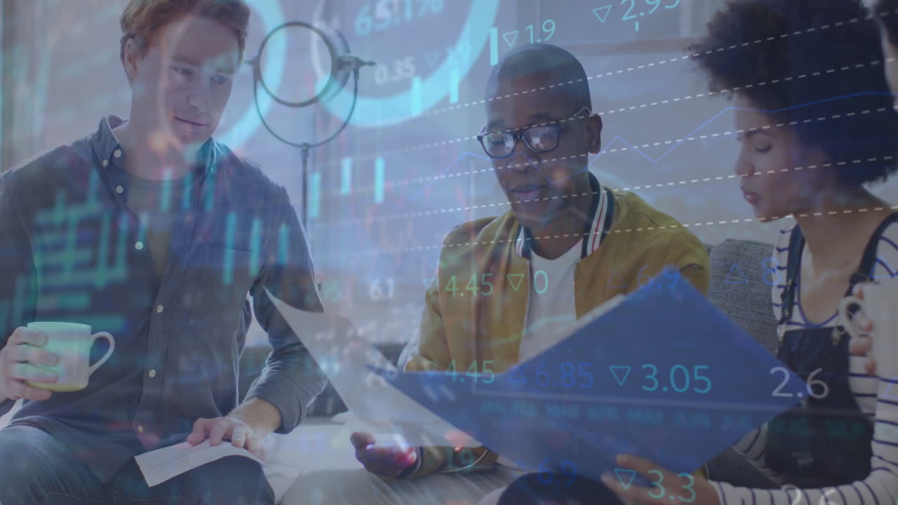 Animation of stock market data processing over team of diverse colleagues discussing at office