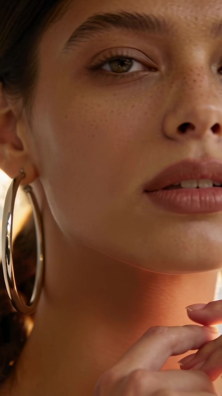 Video verticale: Telecamera che si allontana mostrando una modella che gira la testa e si tocca il mento alla finestra