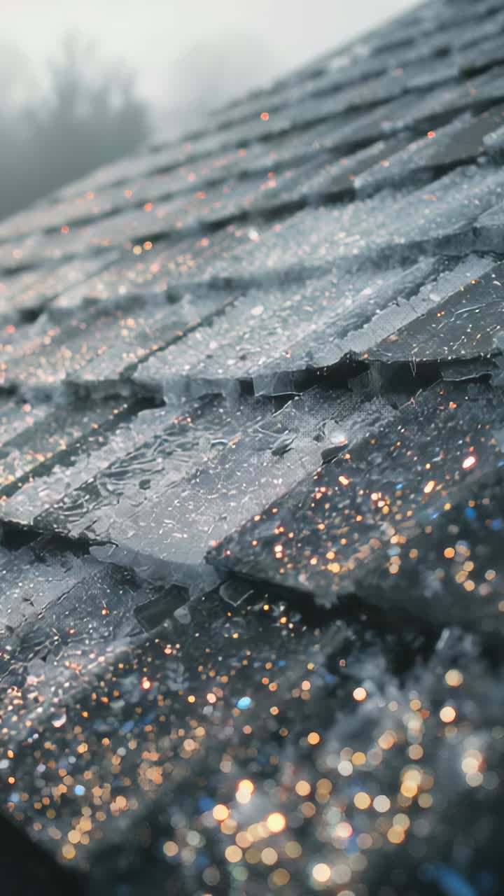 Vertical video: Rain making dark slate tiles shedding beads and running rivulets on roof, blur