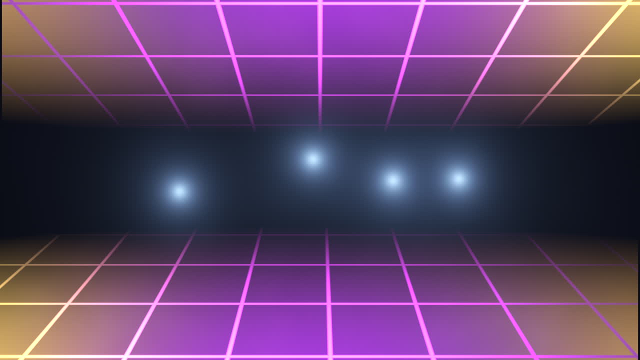 Neon purple grid and glitters in dark space