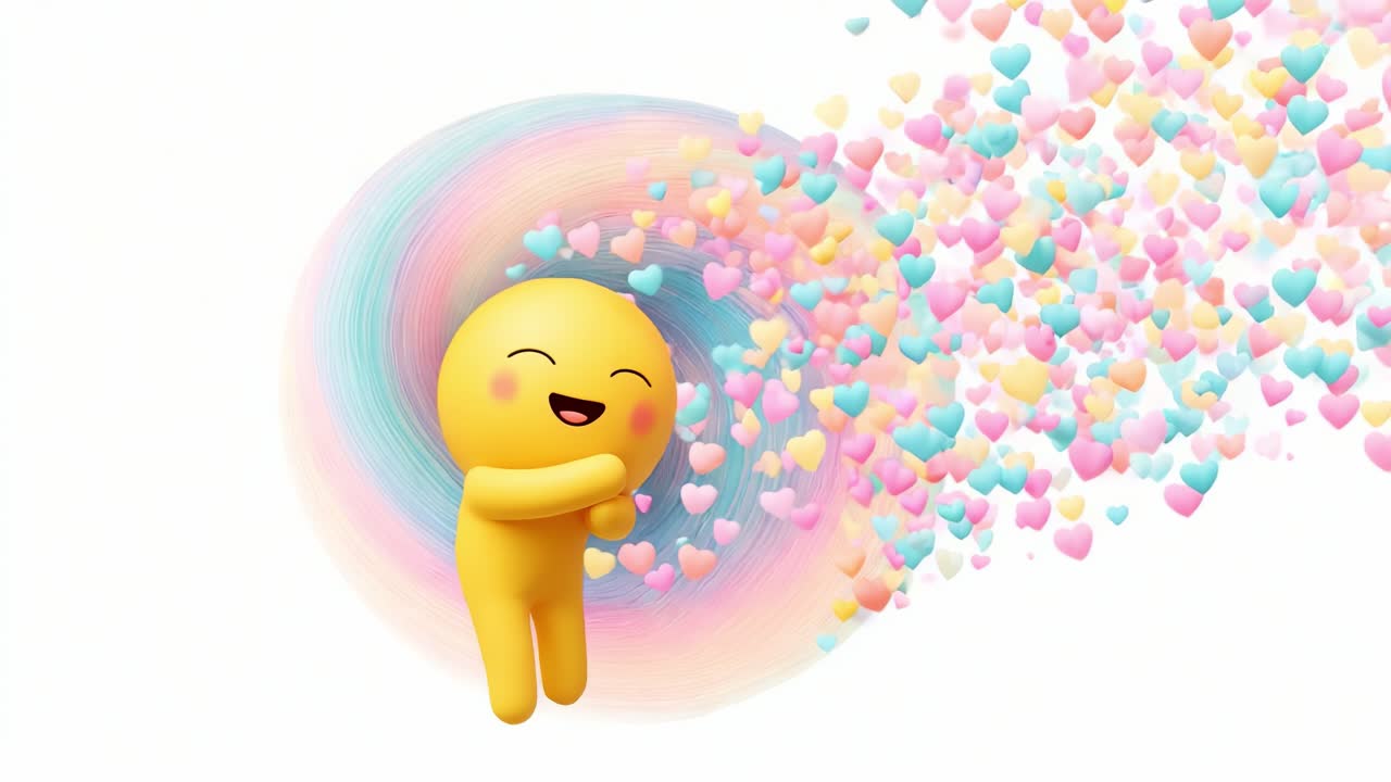 A joyful character exudes warmth and happiness as it joyfully disperses colorful hearts in a vibrant, swirling background, creating an atmosphere of love and positivity