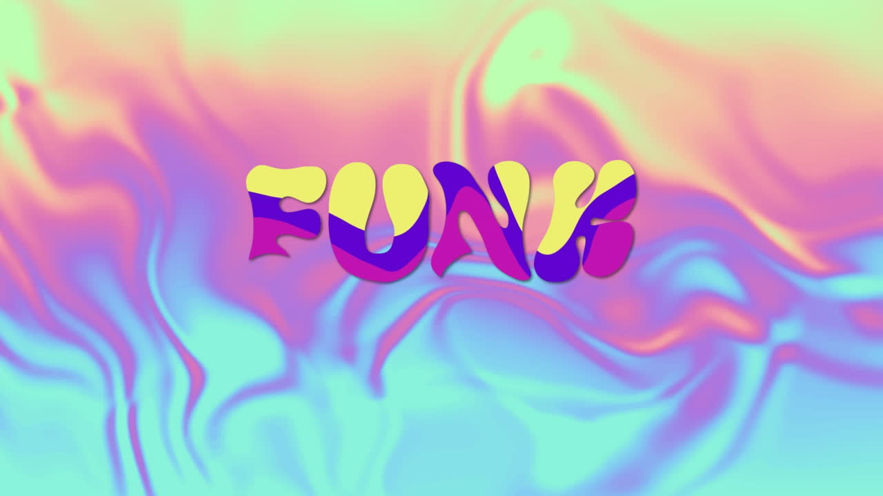 Animation of funk text over shapes on purple background