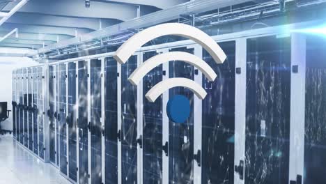 animation of wifi icon and dots interconnected with lines forming geometric shape over server room